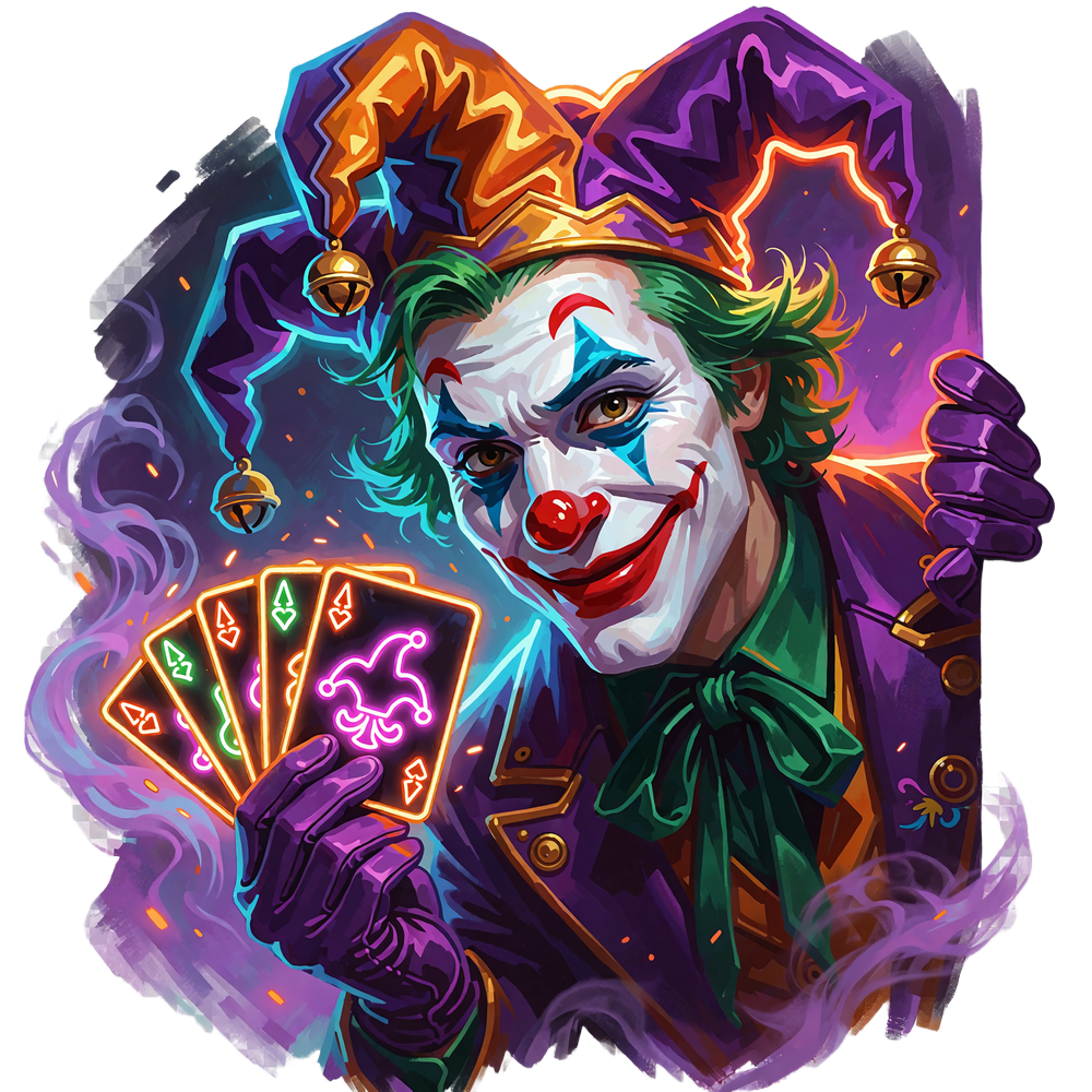 Joker-maskot med gr&oslash;nt h&aring;r og klovnesminke kigger frem med fire neon-spillekort i h&aring;nden ved Jokery Casinos FAQ