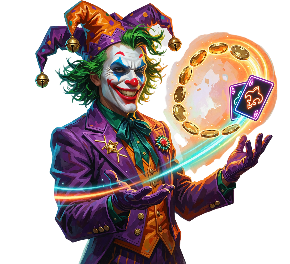 Joker-maskot med gr&oslash;nt h&aring;r jonglerer med guldm&oslash;nter og neonspillekort - casino indbetaling hos Jokery