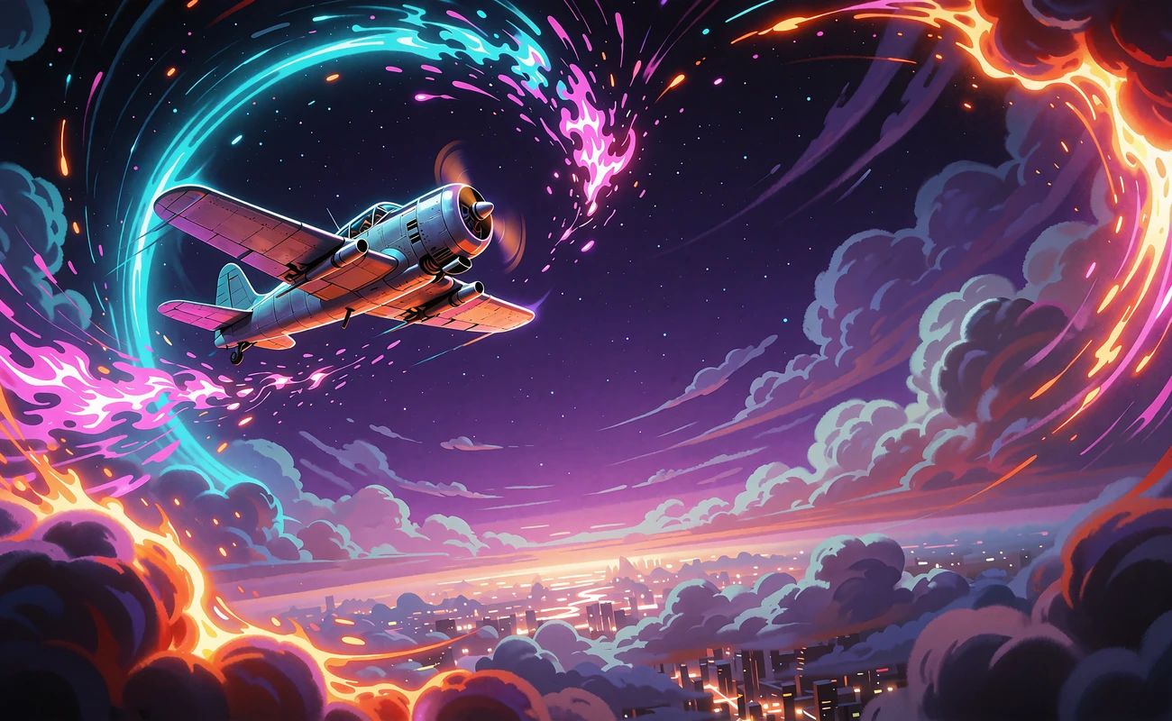 Lille retrofly stiger op gennem lilla nattehimmel med en lysende cyan bue, der splintres i magenta gnister
