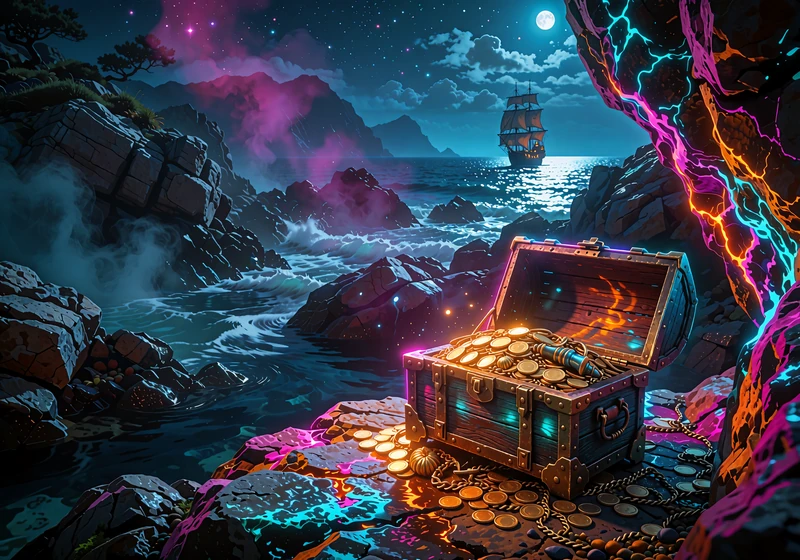Piratslot med skattekiste ved klippekyst