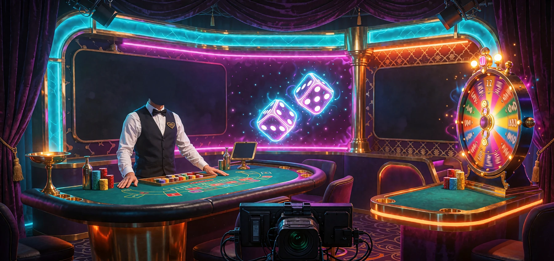 Live dealer ved gr&oslash;nt bord med sv&aelig;vende terninger og farverigt pr&aelig;miehjul i Jokery Casinos live casino-studie