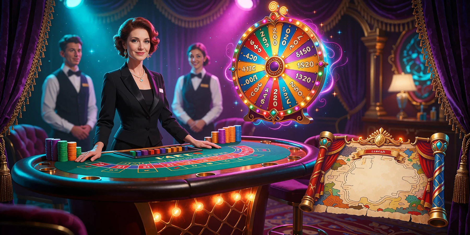 Live dealer ved gr&oslash;nt spillebord med farverigt pr&aelig;miehjul og skattekort-kulisse i Jokery Casinos live casino-studie