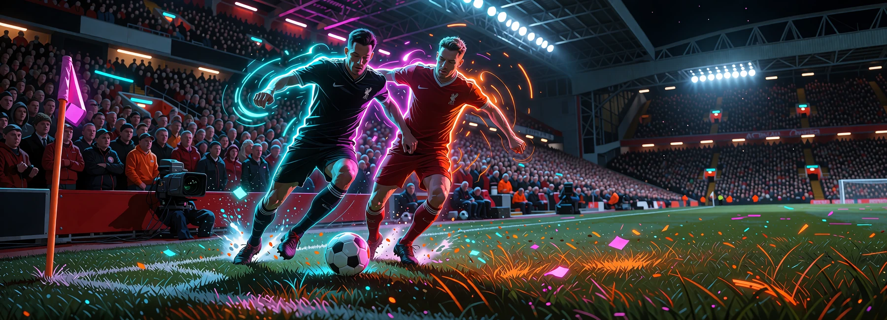 To fodboldspillere k&aelig;mper om bolden p&aring; et oplyst stadion om aftenen - sportsbook og live betting hos Jokery Casino